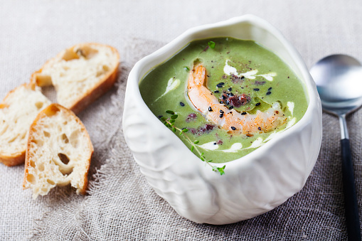 Creamy Green Gazpacho with Grilled Shrimp