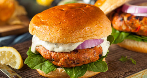Date Night Dinner Ideas Salmon Burger with Herb Cream Sauce