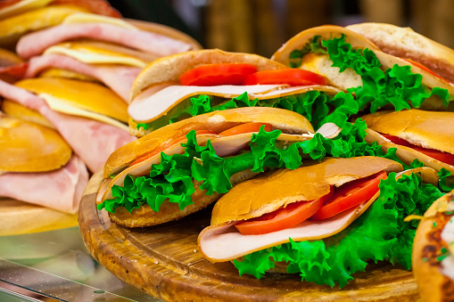 Various sandwiches on a shop counter