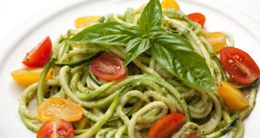 Meatless Meal Zucchini Noodles with Roasted Vegetables and Pesto