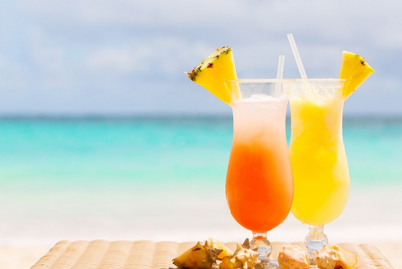Two tropical fresh summer beverages on the beach