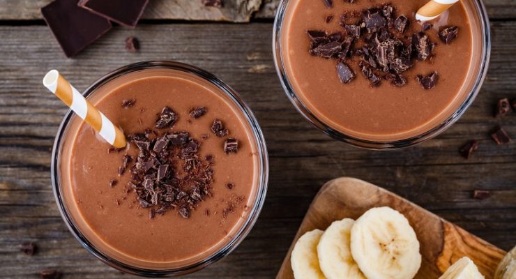 morning coffee and cacao power smoothie with banana