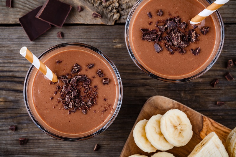 morning coffee and cacao power smoothie with banana