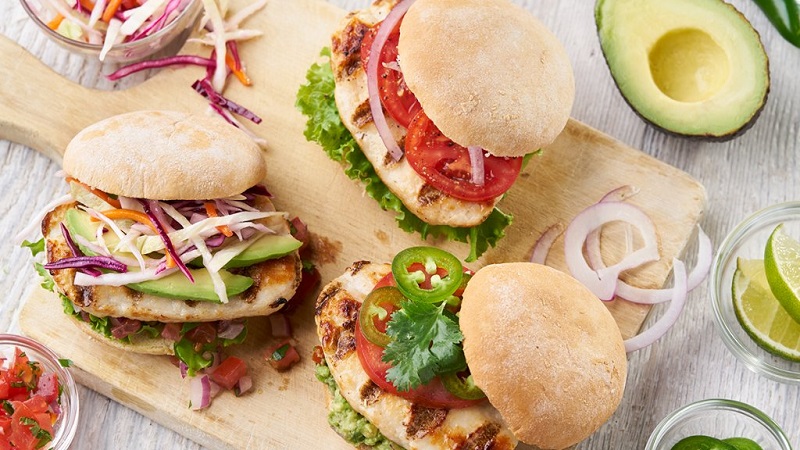 Nutrisystem diet plan grilled chicken sandwich with different toppings.