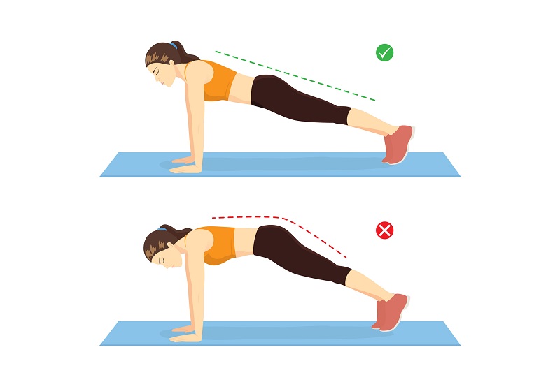 Woman doing correct full plank exercise position and wrong for compare on blue mat.