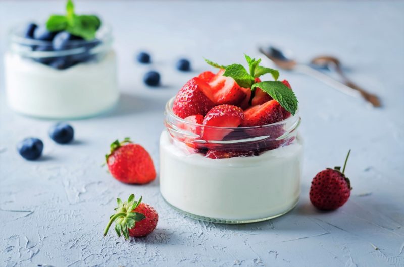 Greek yogurt strawberry and blueberry parfaits with fresh berries