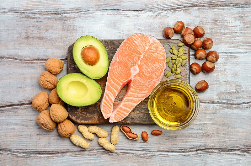 Salmon, Avocado, Oil, Nuts and seeds high in saturated fat