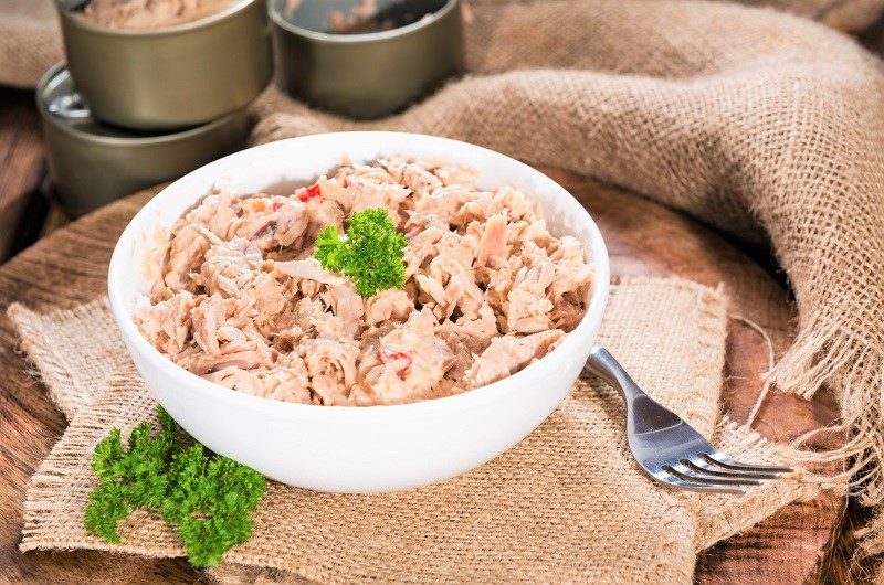 canned salmon or tuna in a bowl, a cheap protein