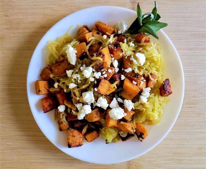 sweet & savory spaghetti squash bowl with goat cheese. healthy pasta recipes