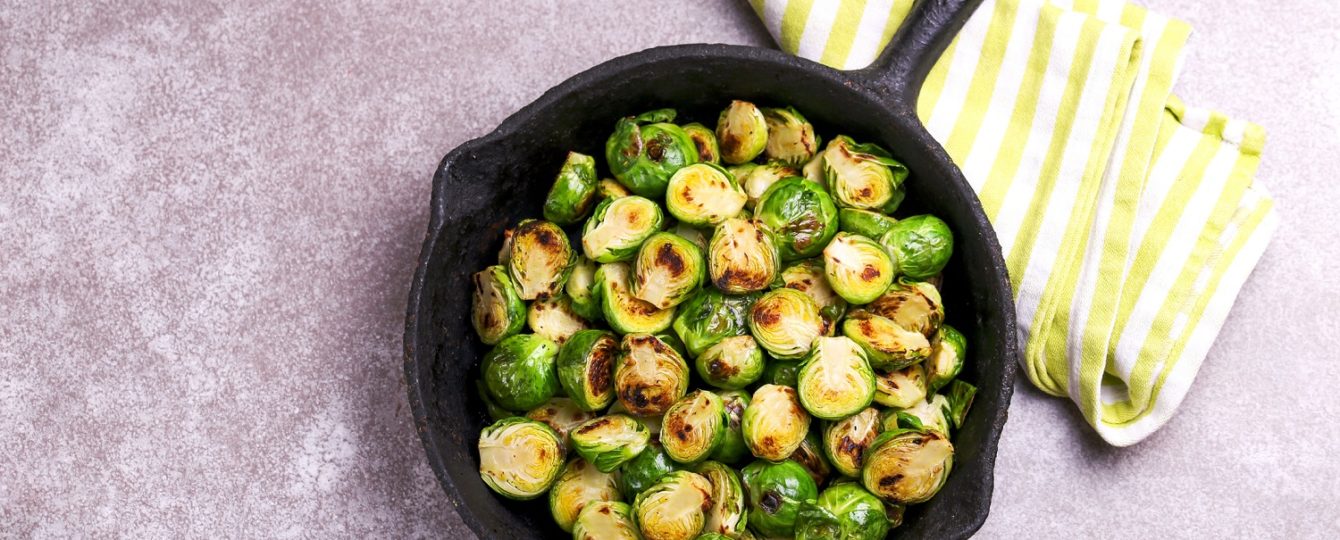 roasted brussel sprouts recipe on an iron skillet