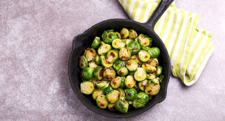 roasted brussel sprouts recipe on an iron skillet