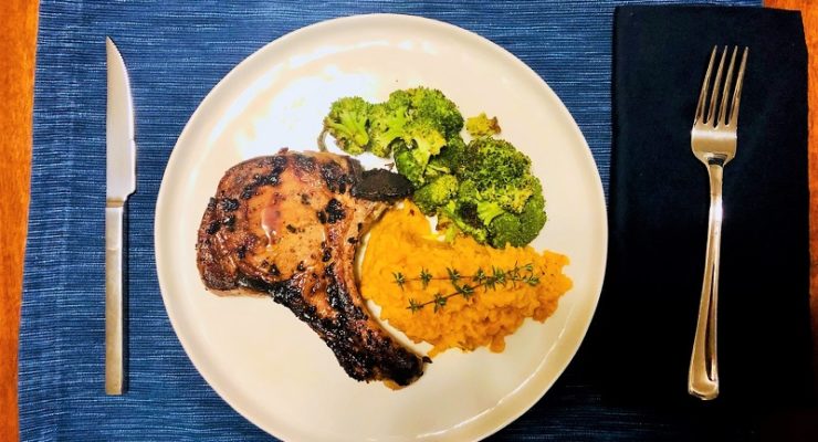 Bone-in Pork Chops Recipe with Mashed Sweet Potato & Roasted Broccoli