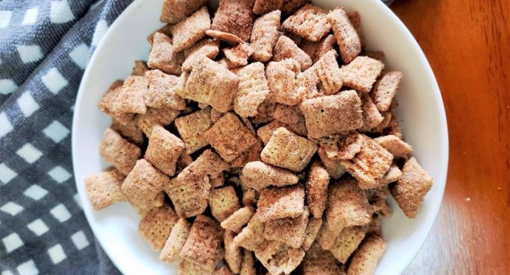 bowl of peanut butter puppy chow snack recipe