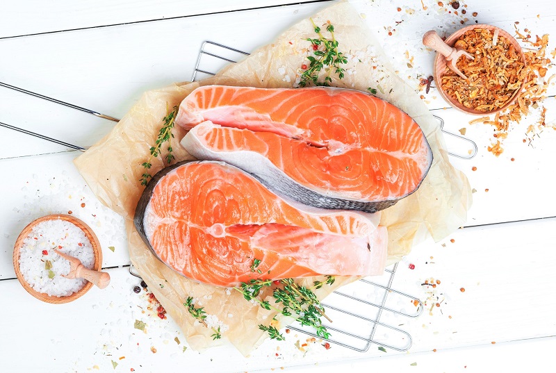 sliced salmon fillet on a counter