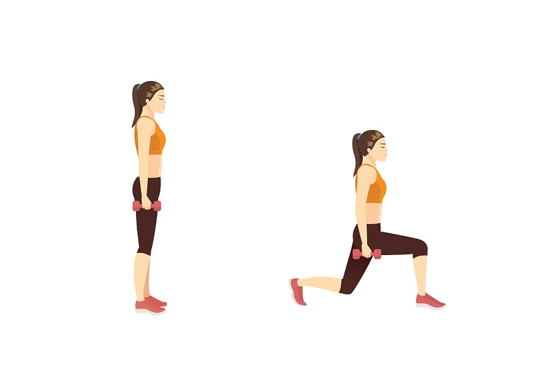 an illustrated image of a woman doing lunges with dumbbells