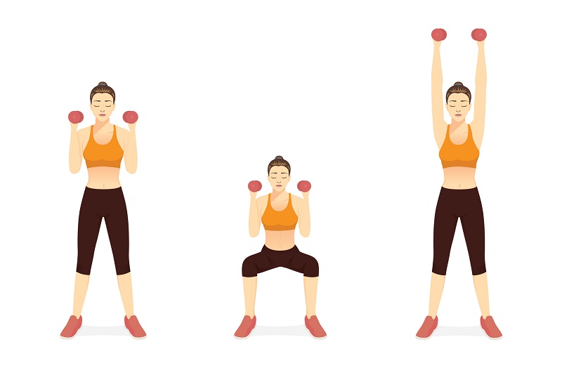 an illustrated image of a woman doing squats with dumbbells