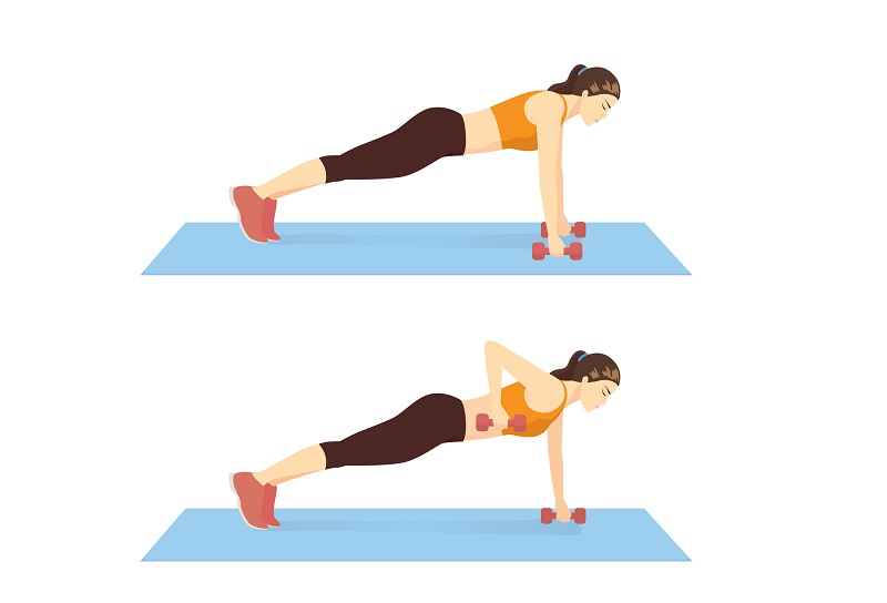 an illustrated image of a woman doing planks with dumbbells