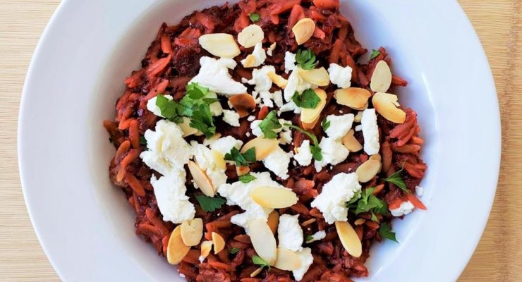 Beet Risotto with Goat Cheese and almonds