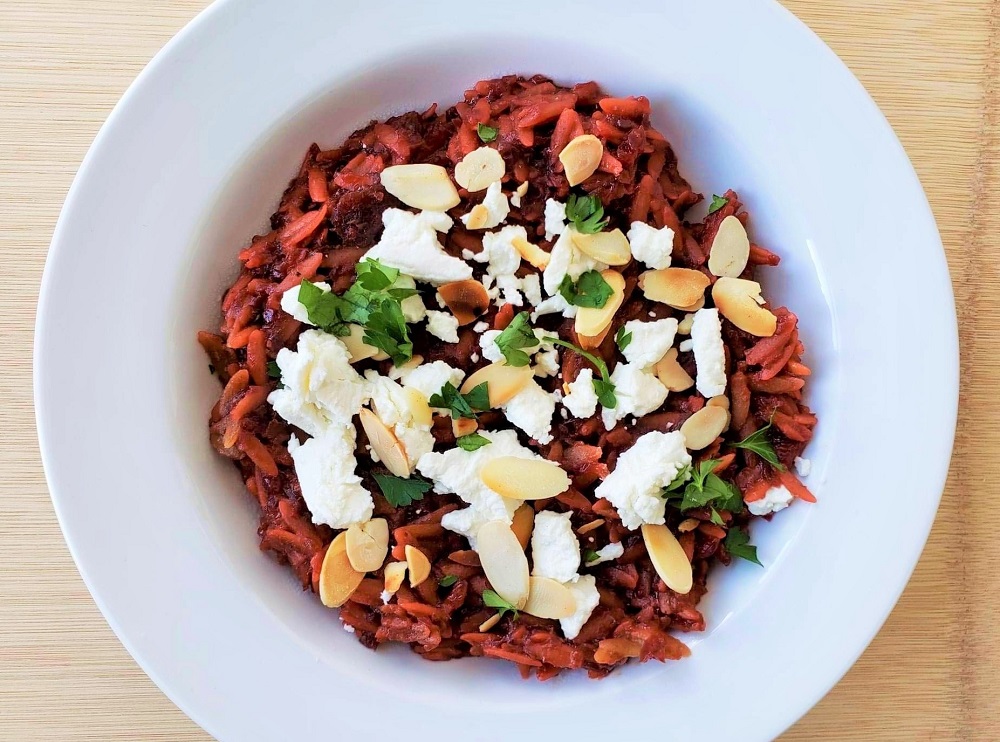 Beet Risotto with Goat Cheese and almonds
