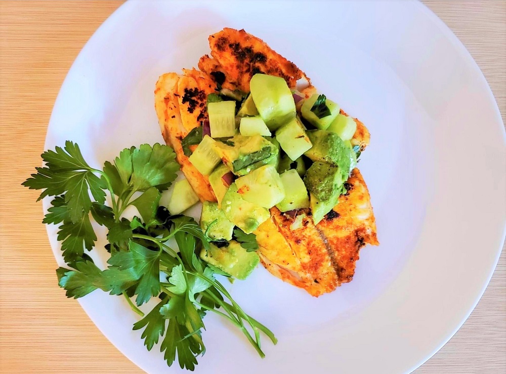 Blackened Tilapia recipe with a Cucumber Avocado Topping