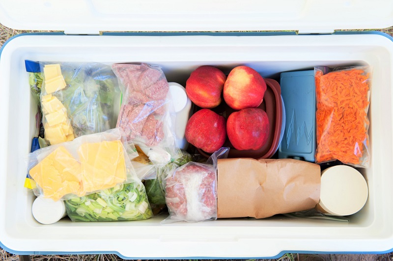 a camping cooler filled with fresh fruits, vegetables and meats