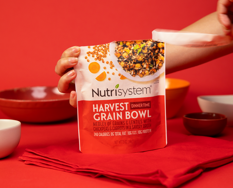 Nutrisystem harvest grain bowl meal against a red background