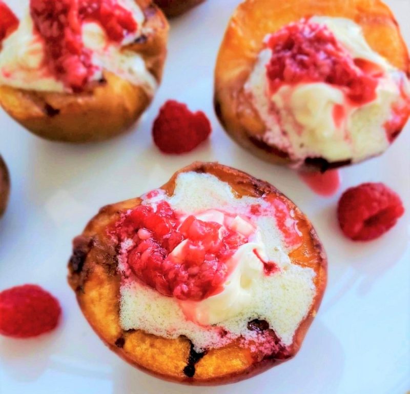 Grilled Peach Melba with mascarpone cheese and raspberries The Leaf