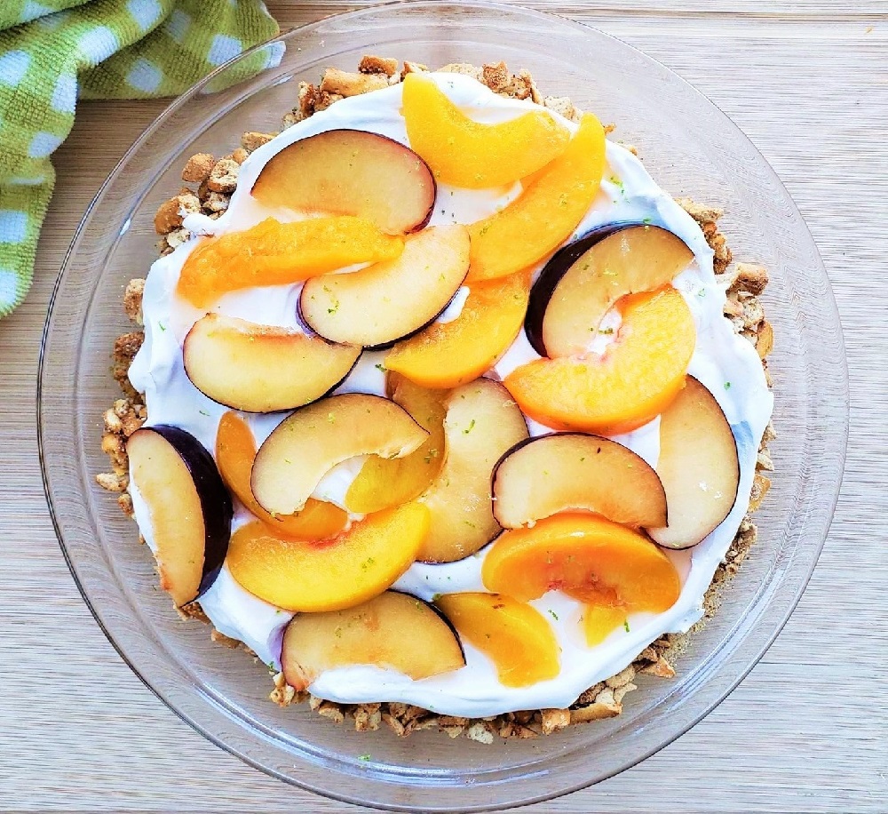 Pretzel Fruit Pie with peach and plum slices