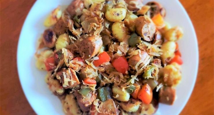 One-Pan Simple Sausage and Sauerkraut with peppers, onions and gnocchi