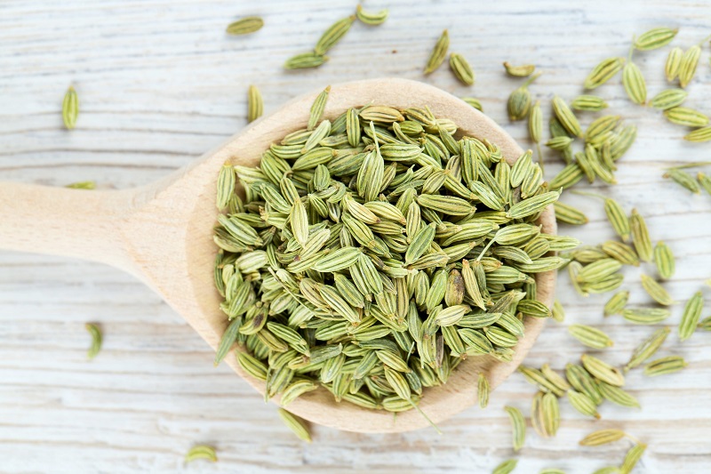 fresh fennel seeds in a large wooden spoon
