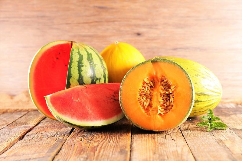 assorted melons, including watermelon, cantaloupe, canary melons and Santa Claus melons