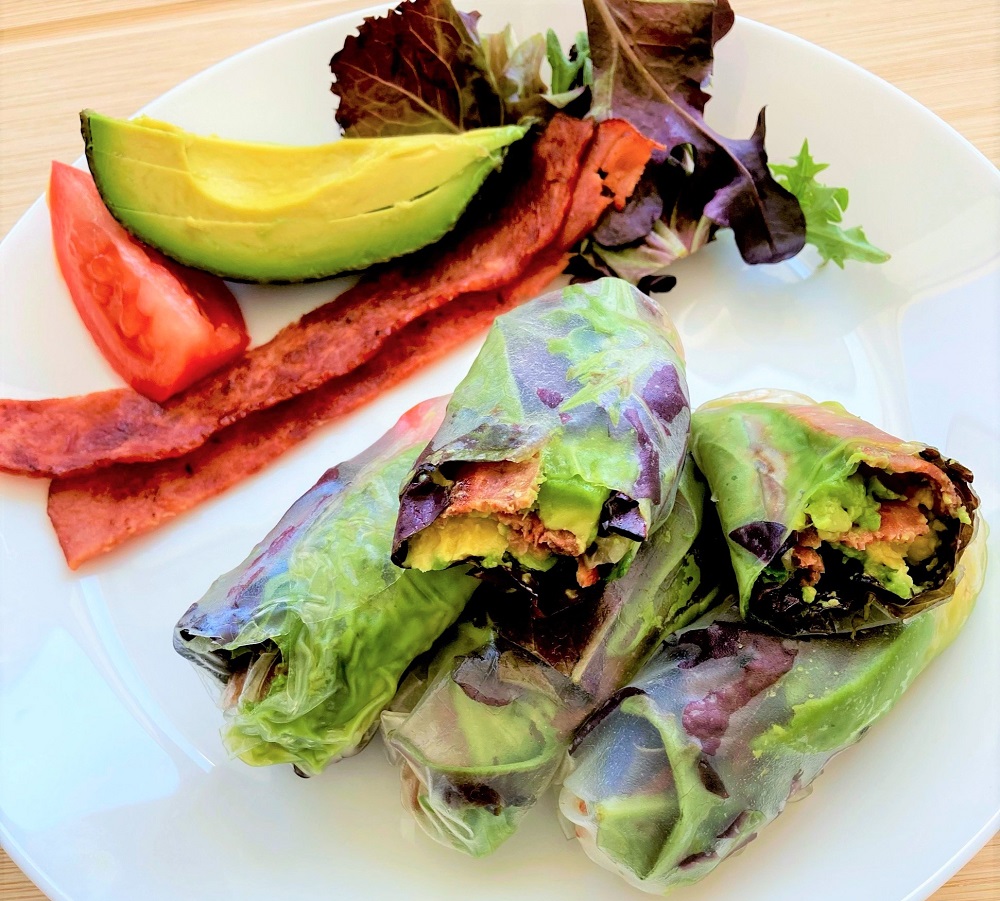 Avocado BLT Summer Rolls with a side of bacon, avocado, lettuce and tomato