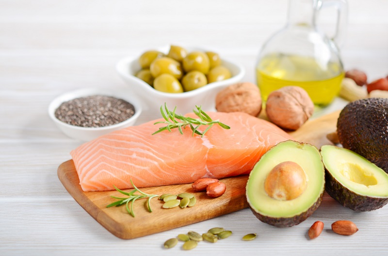 Healthy fats from salmon, avocado, olives, and nuts