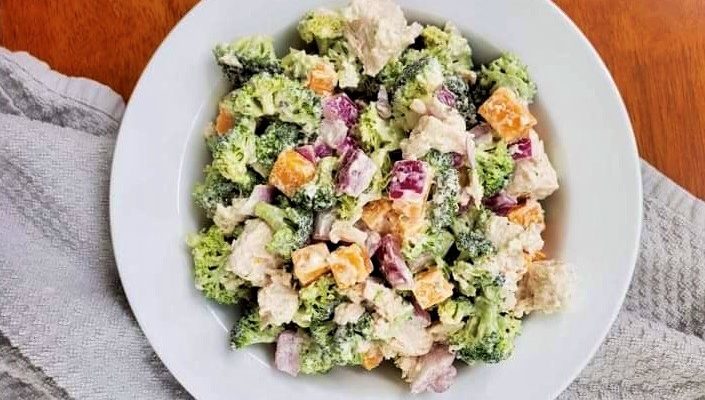 Healthy broccoli salad with cheese and chicken