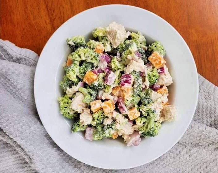 Healthy broccoli salad with cheese and chicken