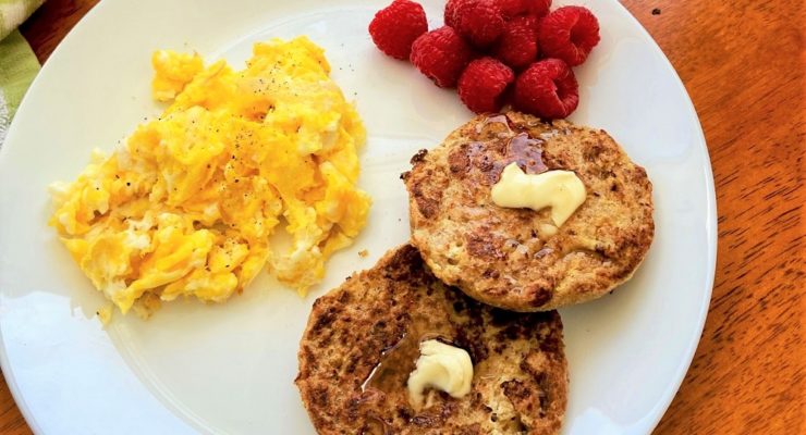 English Muffin French Toast with scrambled eggs, berries and turkey bacon