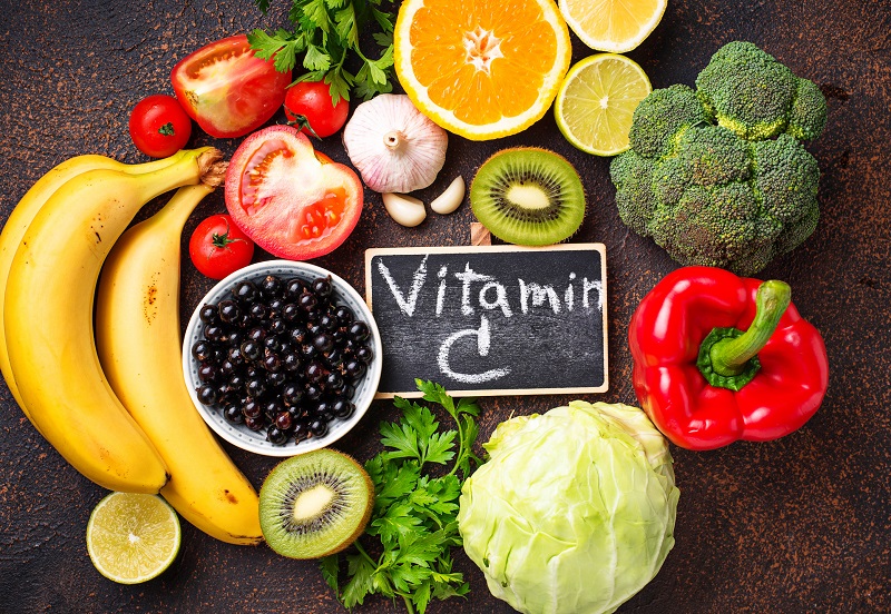 Vegetables and fruits like broccoli, peppers, and tomatoes are high in vitamin C