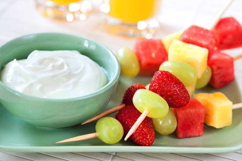 Fruit Kabobs of grapes, strawberries, pineapple and watermelon with Vanilla Yogurt Dip