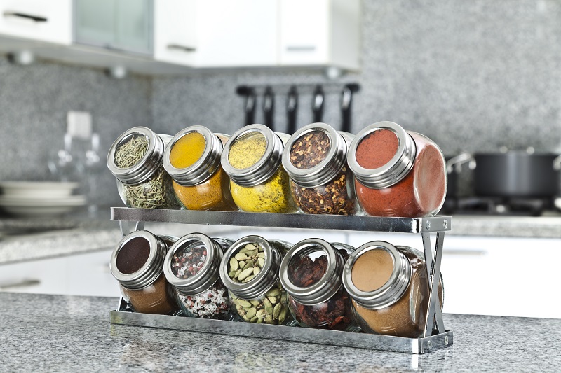 Spice rack on modern kitchen countertop