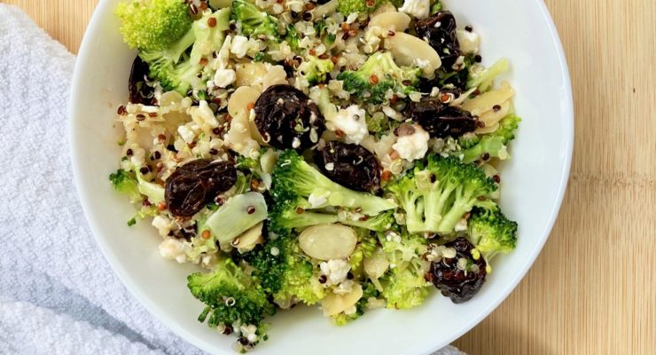Broccoli Quinoa Salad with almonds, dried cherries and feta cheese