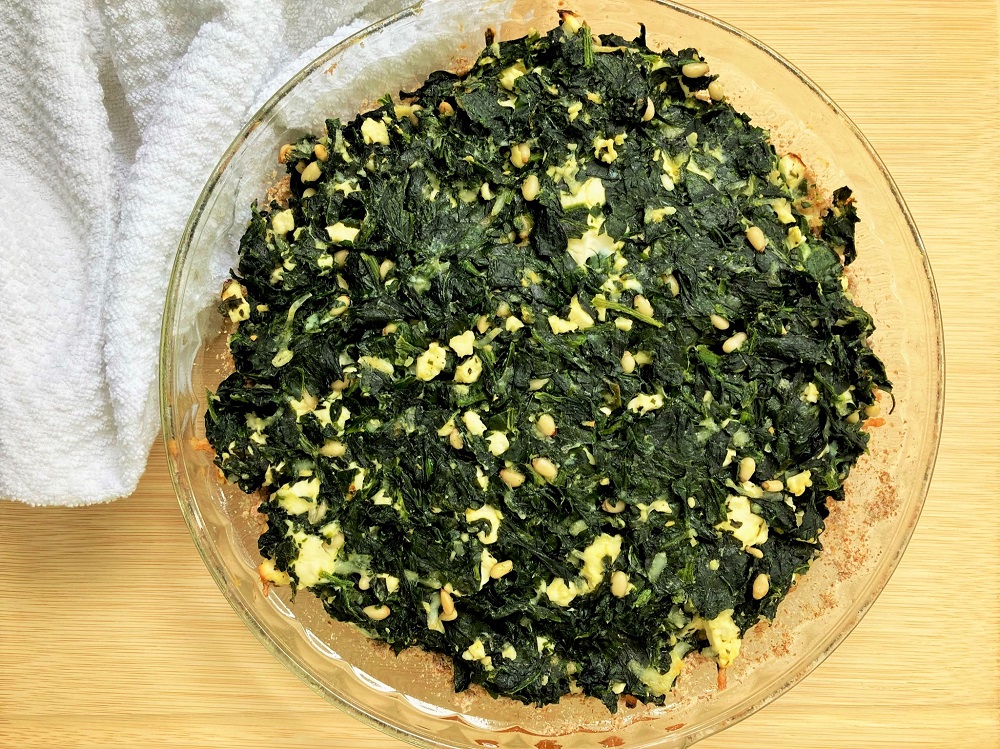 Crustless Spinach Feta Pie with pine nuts
