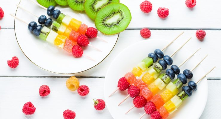 rainbow fruit kabobs are great healthy snacks for kids