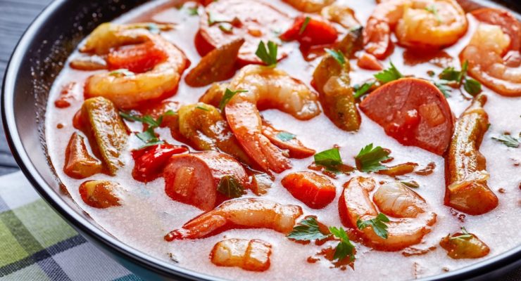 Delicious shrimp and sausage stew in a bowl
