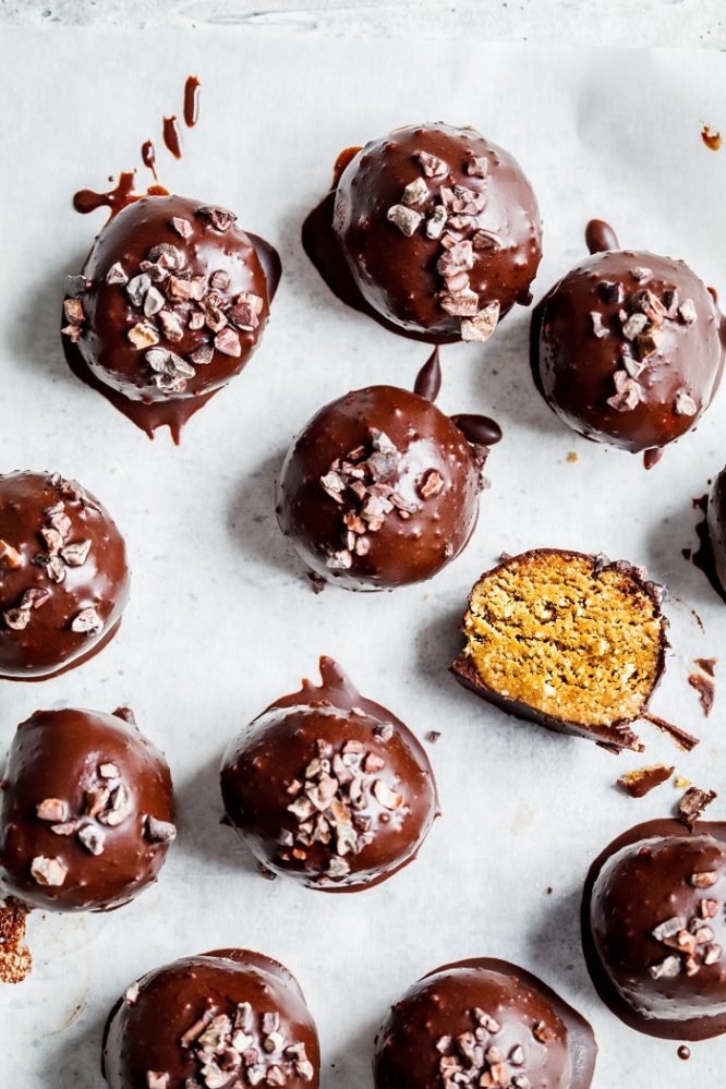 homemade chocolate covered pumpkin truffle balls for healthy Halloween candy