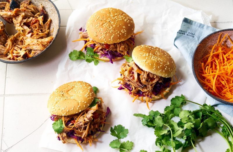 spicy pineapple teriyaki pulled pork on buns with vegetables