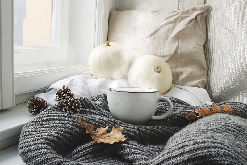 A warm mug of something delicious sits atop a blanket and pillows