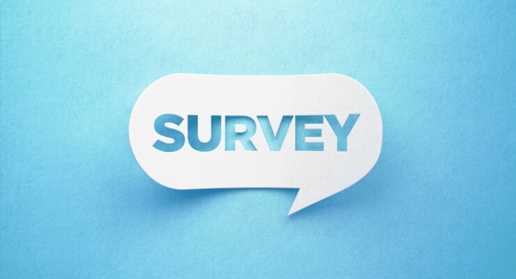 Survey Written White Chat Bubble On Blue Background