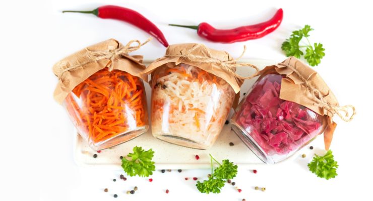 Healthy fermented foods in jars