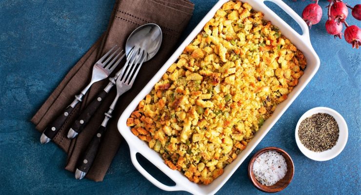 Traditional stuffing side dish for Thanksgiving or Christmas in a baking pan