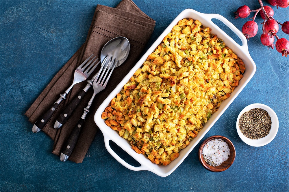 Traditional stuffing side dish for Thanksgiving or Christmas in a baking pan
